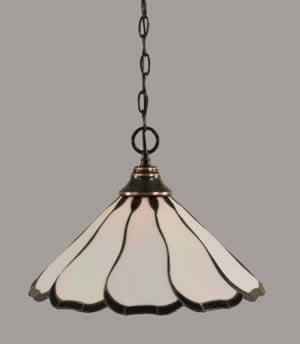 Chain Hung Pendant Shown In Black Copper Finish With 16" Pearl & Black Flair Tiffany Glass