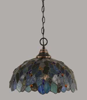 Chain Hung Pendant Shown In Black Copper Finish With 16" Blue Mosaic Tiffany Glass