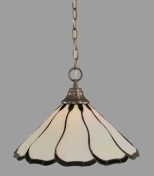 Chain Hung Pendant Shown In Brushed Nickel Finish With 16" Pearl & Black Flair Tiffany Glass