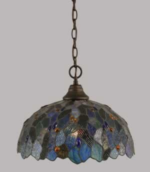 Chain Hung Pendant Shown In Bronze Finish With 16" Blue Mosaic Tiffany Glass