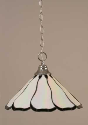 Chain Hung Pendant Shown In Chrome Finish With 16" Pearl & Black Flair Tiffany Glass