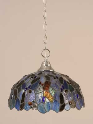 Chain Hung Pendant Shown In Chrome Finish With 16" Blue Mosaic Tiffany Glass