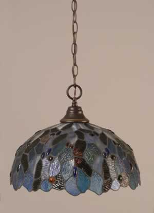 Chain Hung Pendant Shown In Dark Granite Finish With 16" Blue Mosaic Tiffany Glass