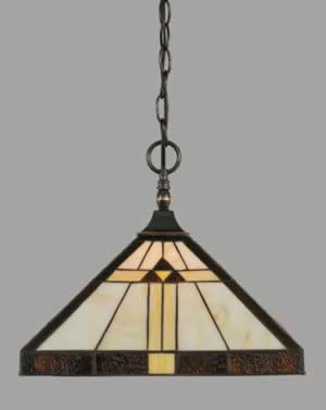 Chain Hung Pendant With Square Fitter Shown In Black Copper Finish With 14" Honey, Brown, & Amber Tiffany Glass