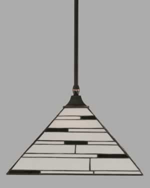 Stem Hung Pendant With Square Fitter Shown In Black Copper Finish With 14" Pearl Ebony Tiffany Glass