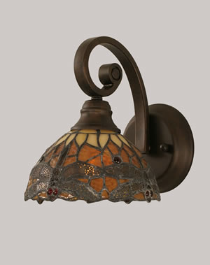 Curl Wall Sconce Shown In Bronze Finish With 7" Amber Dragonfly Tiffany Glass