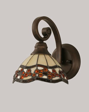 Curl Wall Sconce Shown In Bronze Finish With 7" Roman Jewel Tiffany Glass