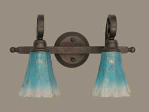 Curl 2 Light Bath Bar Shown In Bronze Finish With 5.5" Teal Crystal Glass