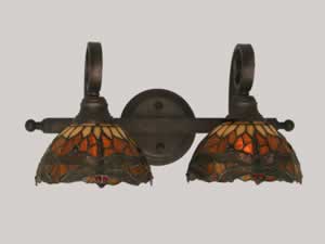 Curl 2 Light Bath Bar Shown In Bronze Finish With 7" Amber Dragonfly Tiffany Glass