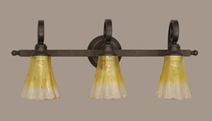 Curl 3 Light Bath Bar Shown In Bronze Finish With 5.5" Gold Champagne Crystal Glass