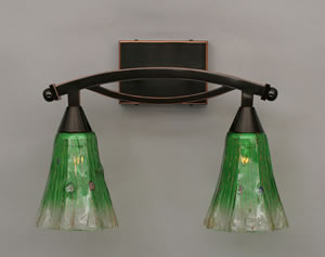 Bow 2 Light Bath Bar Shown In Black Copper Finish With 5.5" Fluted Kiwi Green Crystal Glass