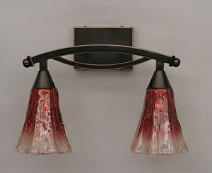 Bow 2 Light Bath Bar Shown In Black Copper Finish With 5.5" Fluted Raspberry Crystal Glass