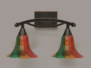 Bow 2 Light Bath Bar Shown In Black Copper Finish with 8" Mardi Gras Glass