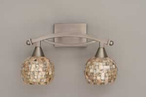 Bow 2 Light Bath Bar Shown In Brushed Nickel Finish with 6" Seashell Glass