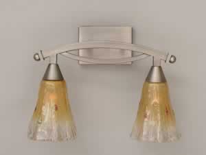 Bow 2 Light Bath Bar Shown In Brushed Nickel Finish With 5.5" Fluted Amber Crystal Glass