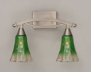Bow 2 Light Bath Bar Shown In Brushed Nickel Finish With 5.5" Fluted Kiwi Green Crystal Glass