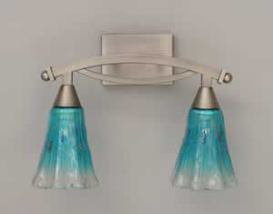 Bow 2 Light Bath Bar Shown In Brushed Nickel Finish With 5.5" Fluted Teal Crystal Glass