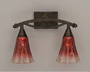 Bow 2 Light Bath Bar Shown In Bronze Finish With 5.5" Fluted Raspberry Crystal Glass