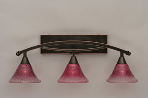 Bow 3 Light Bath Bar Shown In Black Copper Finish with 7" Wine Crystal Glass