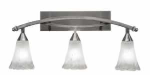 Bow 3 Light Bath Bar Shown In Brushed Nickel Finish with 5.5" Frosted Crystal Glass