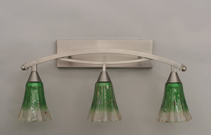 Bow 3 Light Bath Bar Shown In Brushed Nickel Finish with 5.5" Kiwi Green Crystal Glass