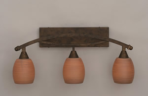 Bow 3 Light Bath Bar Shown In Bronze Finish with 5" Gray Linen Glass Bulb On