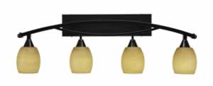 Bow 4 Light Bath Bar Shown In Black Copper Finish with 5" Cayenne Linen Glass Bulb On