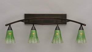 Bow 4 Light Bath Bar Shown In Black Copper Finish with 5.5" Kiwi Green Crystal Glass