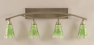 Bow 4 Light Bath Bar Shown In Brushed Nickel Finish with 5.5" Kiwi Green Crystal Glass