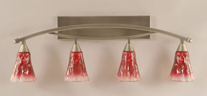 Bow 4 Light Bath Bar Shown In Brushed Nickel Finish with 5.5" Raspberry Crystal Glass