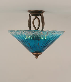 Leaf Semi-Flush With 3 Bulbs Shown In Bronze Finish With 16" Teal Crystal Glass
