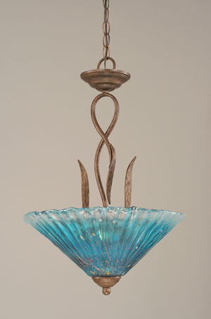 Leaf Pendant With 3 Bulbs Shown In Bronze Finish With 16" Teal Crystal Glass