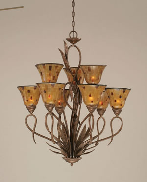 Leaf 9 Light Chandelier Shown In Bronze Finish With 7" Penshell Resin Shade