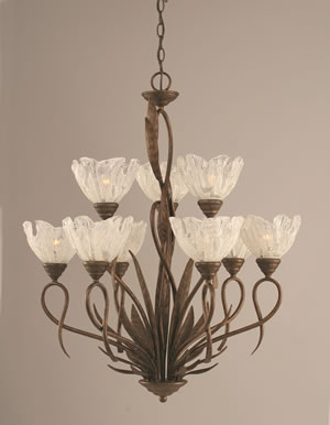 Leaf 9 Light Chandelier Shown In Bronze Finish With 7" Italian Ice Glass