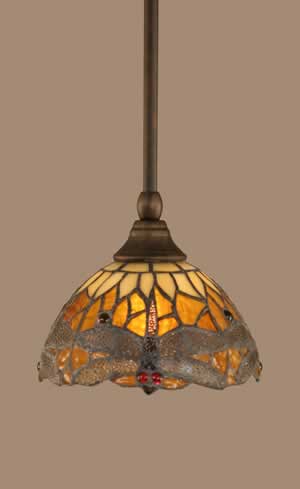Stem Mini Pendant With Hang Straight Swivel Shown In Bronze Finish With 7” Amber Dragonfly Tiffany Glass