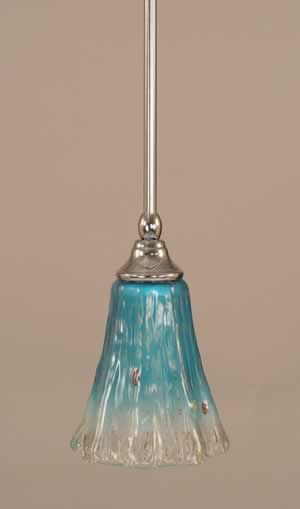 Stem Mini Pendant With Hang Straight Swivel Shown In Chrome Finish With 5.5" Fluted Teal Crystal Glass