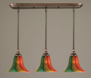 3 Light Multi Light Mini Pendant With Hang Straight Swivels Shown In Black Copper Finish With 8" Mardi Gras Glass
