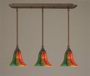 3 Light Multi Light Mini Pendant With Hang Straight Swivels Shown In Bronze Finish With 8" Mardi Gras Glass