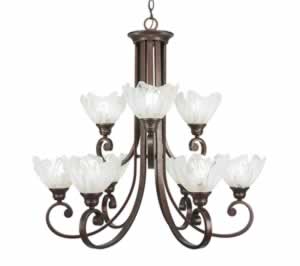 Curl 9 Light Chandelier Shown In Bronze Finish With 7" Italian Ice Glass
