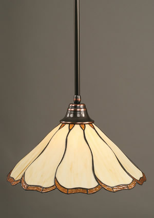 Stem Pendant With Hang Straight Swivel Shown In Black Copper Finish With 16" Honey & Brown Flair Tiffany Glass