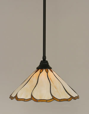 Stem Pendant With Hang Straight Swivel Shown In Matte Black Finish With 16" Honey & Brown Flair Tiffany Glass