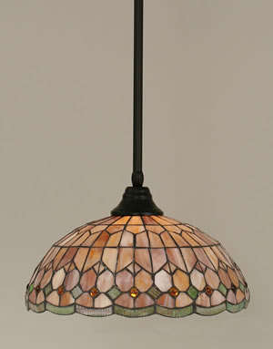 Stem Pendant With Hang Straight Swivel Shown In Matte Black Finish With 15" Rosetta Tiffany Glass