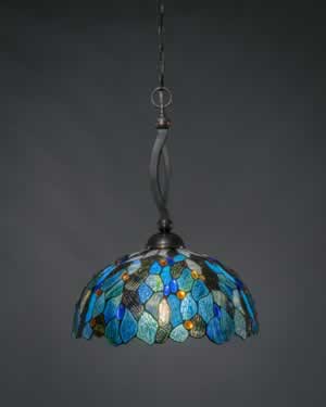 Bow Pendant Shown In Black Copper Finish With 16" Blue Mosaic Tiffany Glass