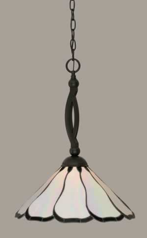 Bow Pendant Shown In Matte Black Finish With 16" Pearl & Black Flair Tiffany Glass
