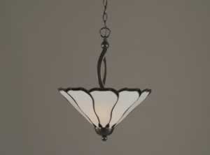Bow Pendant With 2 Bulbs Shown In Black Copper Finish With 16" Pearl & Black Flair Tiffany Glass