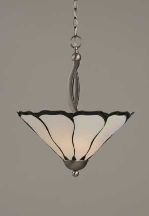 Bow Pendant With 2 Bulbs Shown In Brushed Nickel Finish With 16" Pearl & Black Flair Tiffany Glass