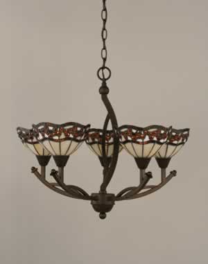 Bow 5 Light Chandelier Shown In Bronze Finish With 7" Roman Jewel Tiffany Glass