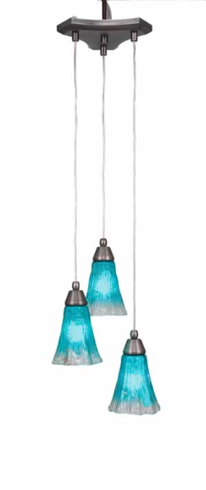 Europa 3 Light Multi Mini Pendant Shown In Brushed Nickel Finish With 5.5" Teal Crystal Glass