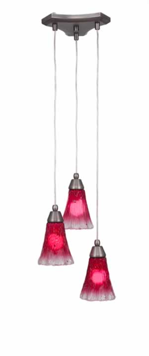 Europa 3 Light Multi Mini Pendant Shown In Brushed Nickel Finish With 5.5" Raspberry Crystal Glass