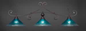 Curl 3 Light Billiard Light Shown In Bronze Finish With 16" Teal Crystal Glass